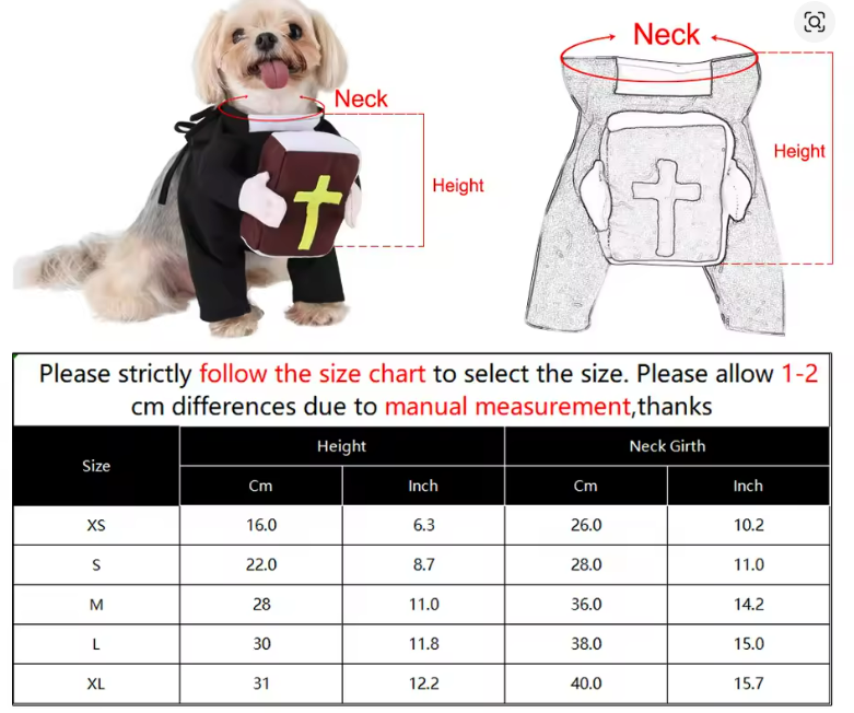 Funny Priest Dog Costume – Halloween Outfit for Small & Large Dogs & Cats – Breathable Pet Dress Up with Cross & Bible Design