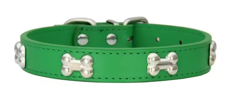 Durable Leather Dog Collar with Bone Design – Adjustable Pet Collar for Puppies, Small & Large Dogs, Cats & Chihuahuas