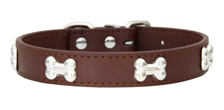 Durable Leather Dog Collar with Bone Design – Adjustable Pet Collar for Puppies, Small & Large Dogs, Cats & Chihuahuas
