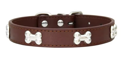 Durable Leather Dog Collar with Bone Design – Adjustable Pet Collar for Puppies, Small & Large Dogs, Cats & Chihuahuas
