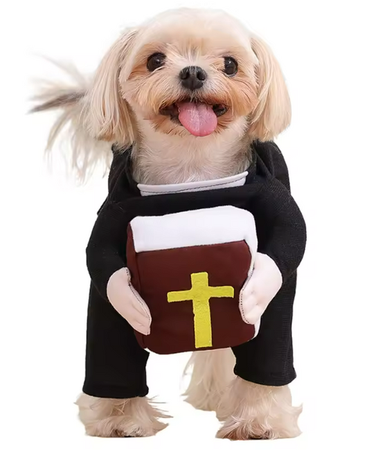 Funny Priest Dog Costume – Halloween Outfit for Small & Large Dogs & Cats – Breathable Pet Dress Up with Cross & Bible Design